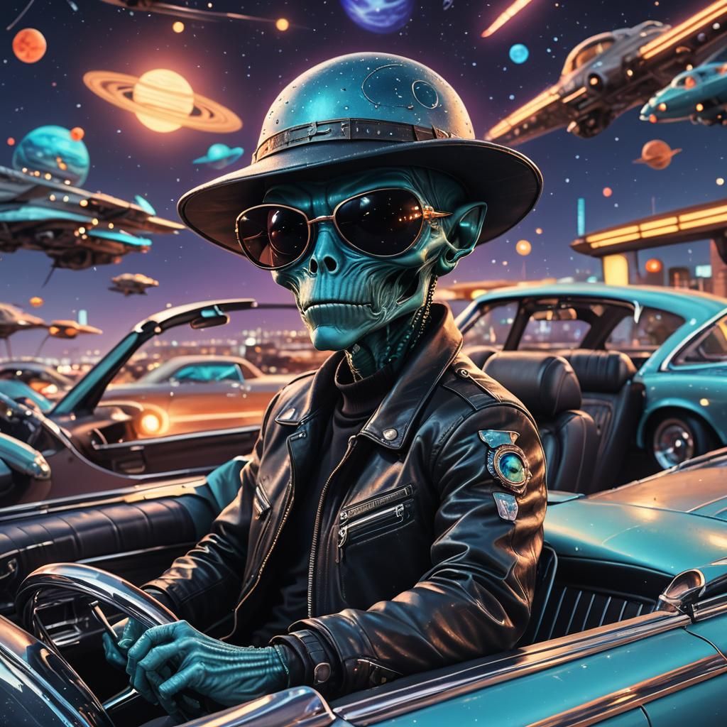 Alien Drives Convertible Through Space in Visionary Art