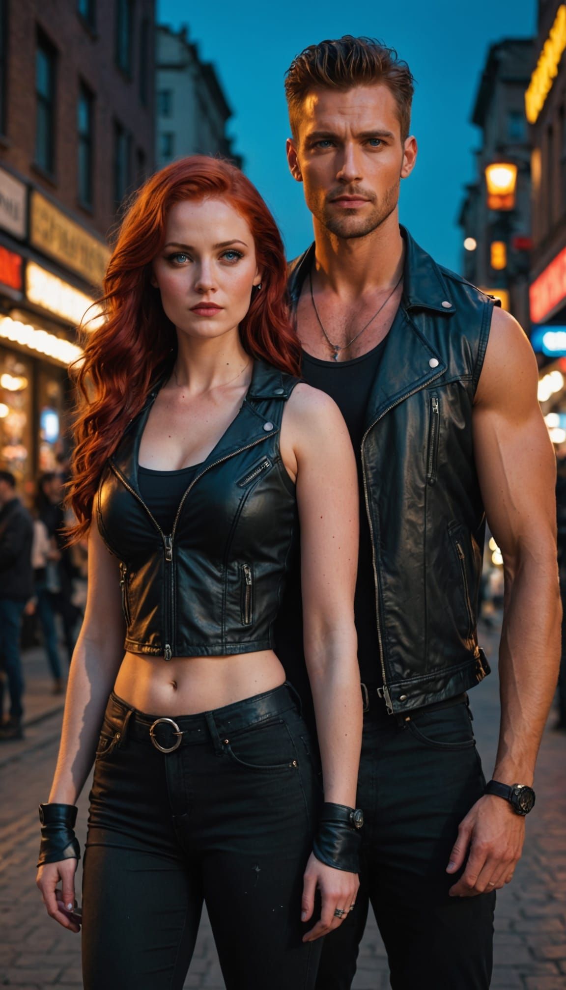 Couple in Cyberpunk City Under Lunar Glow