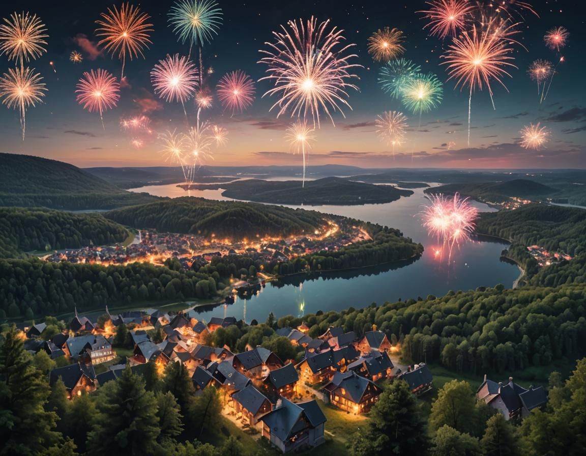 Cinematic Fireworks Over Lakeside Villages