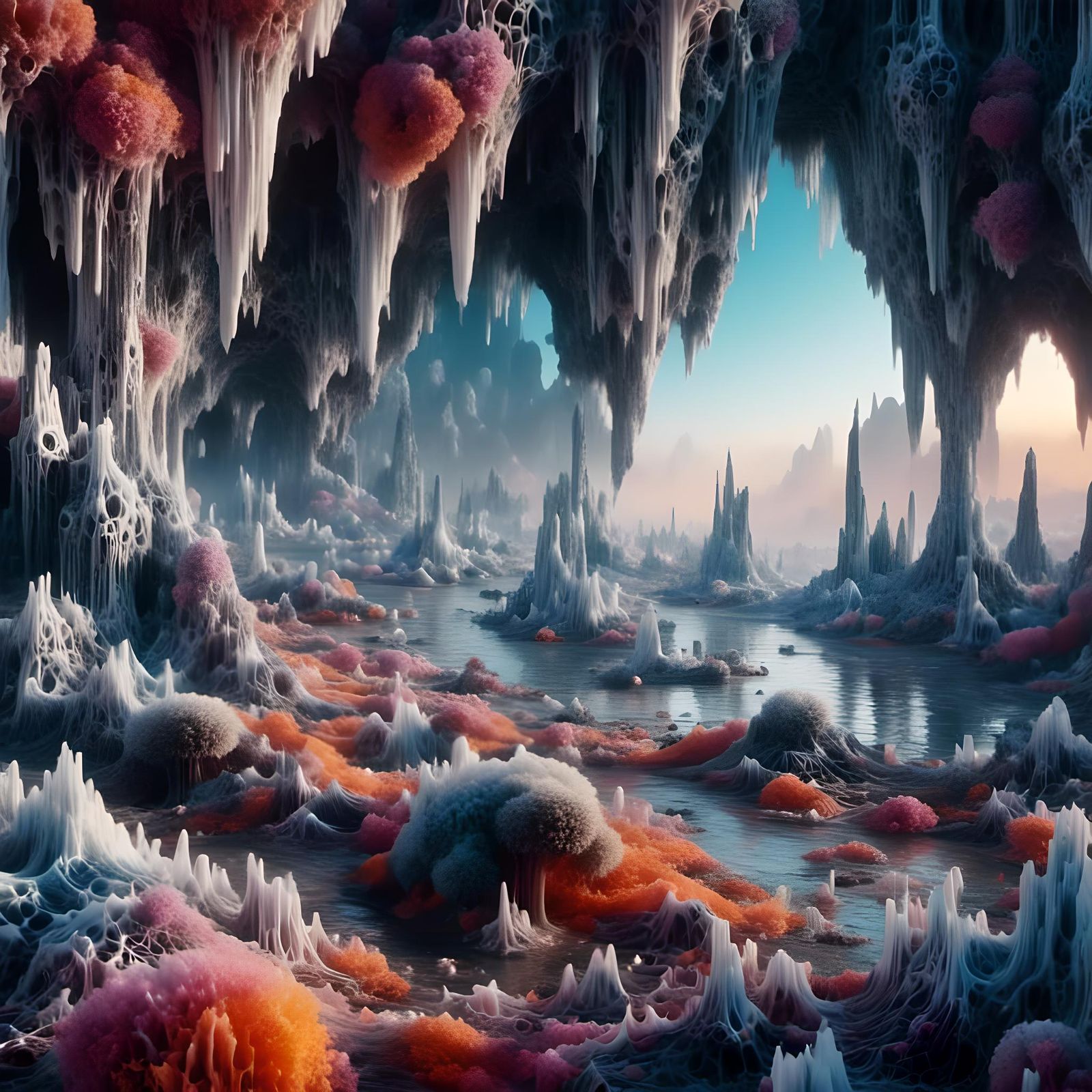 Fantastical Alien Caverns with Iridescent Structures