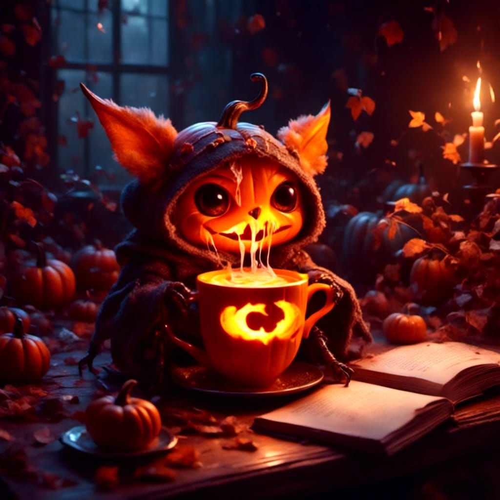 An cute adorable chibi pumpkin-Banana Spiders drinking a cup...