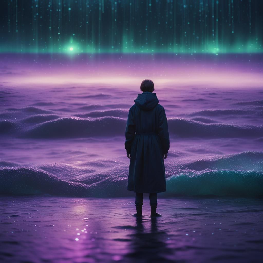 Moody Figure in Bioluminescent Ocean: Cinematic Still