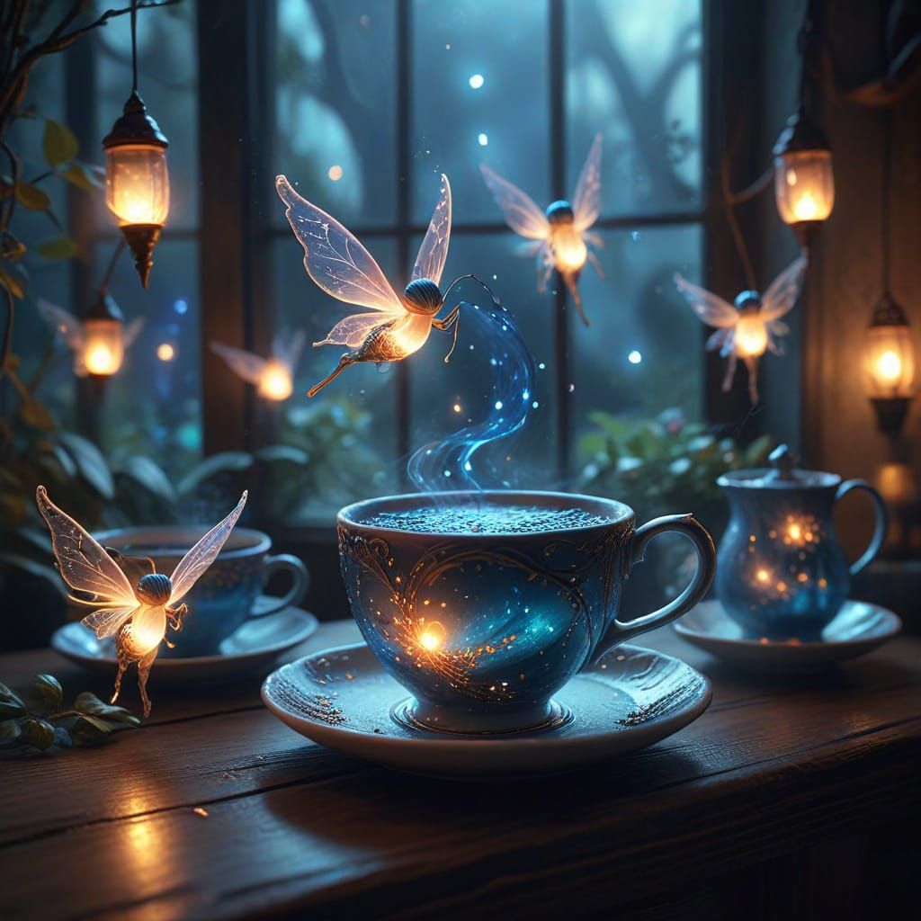 Magical Cafe with Glowing Mugs and Floating Lanterns