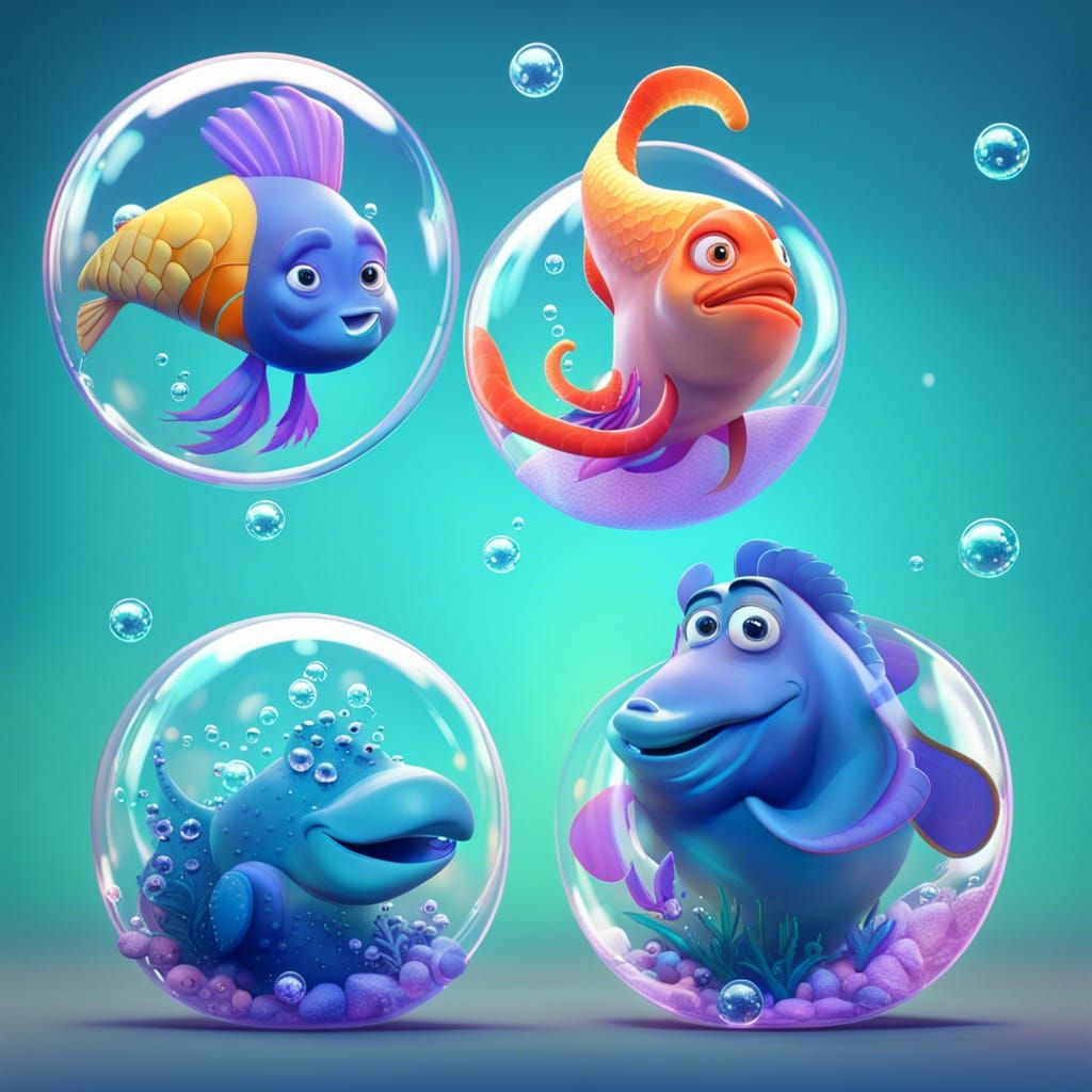 Sea Animals Floating in Bubbles as 3D Art