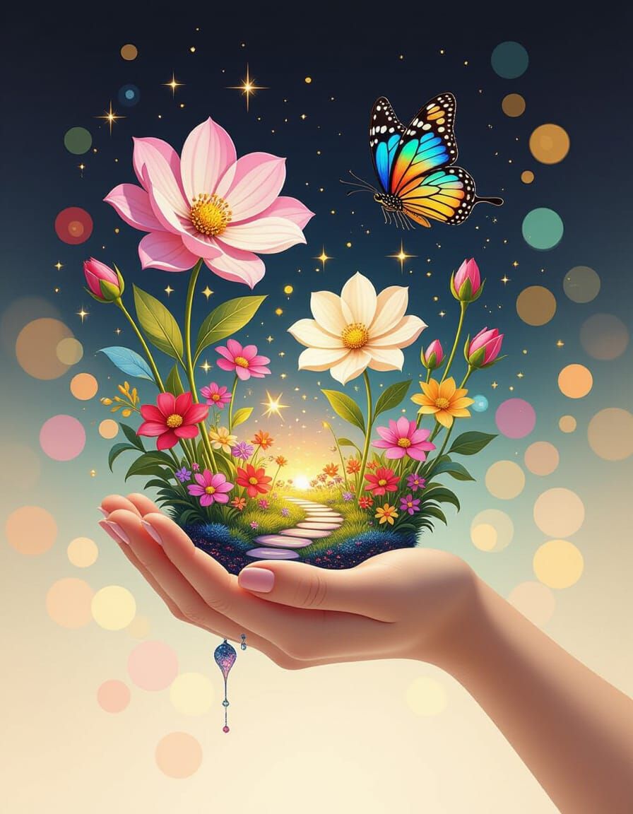 Fantasy Garden Held in Hand, Digital Oil Painting