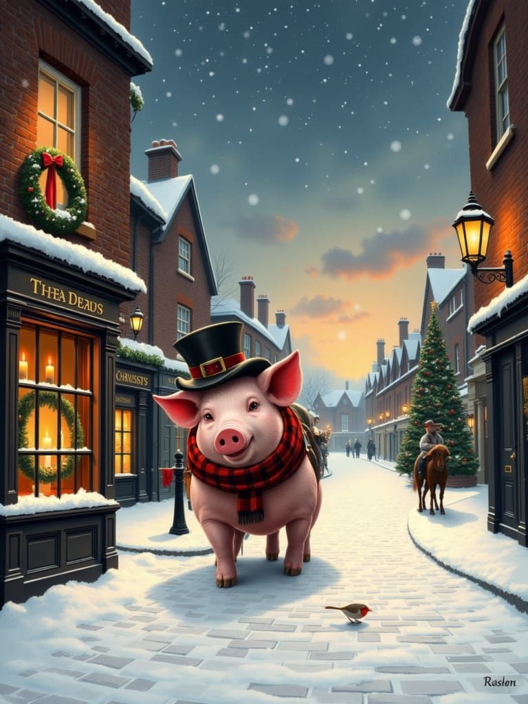 Cute Pig Trots Through Dickensian Christmas Village