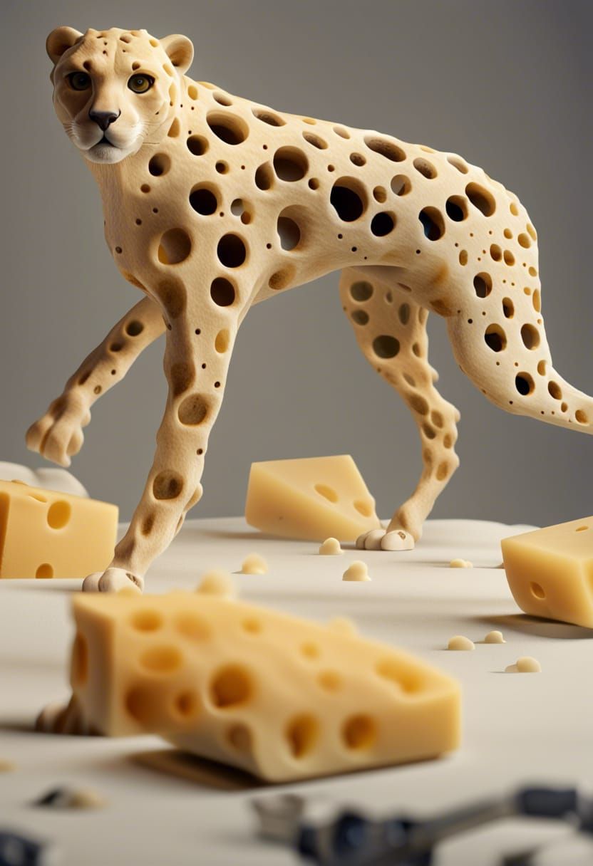Swiss Cheese Cheetah Sculpture on Gorgonzola Block