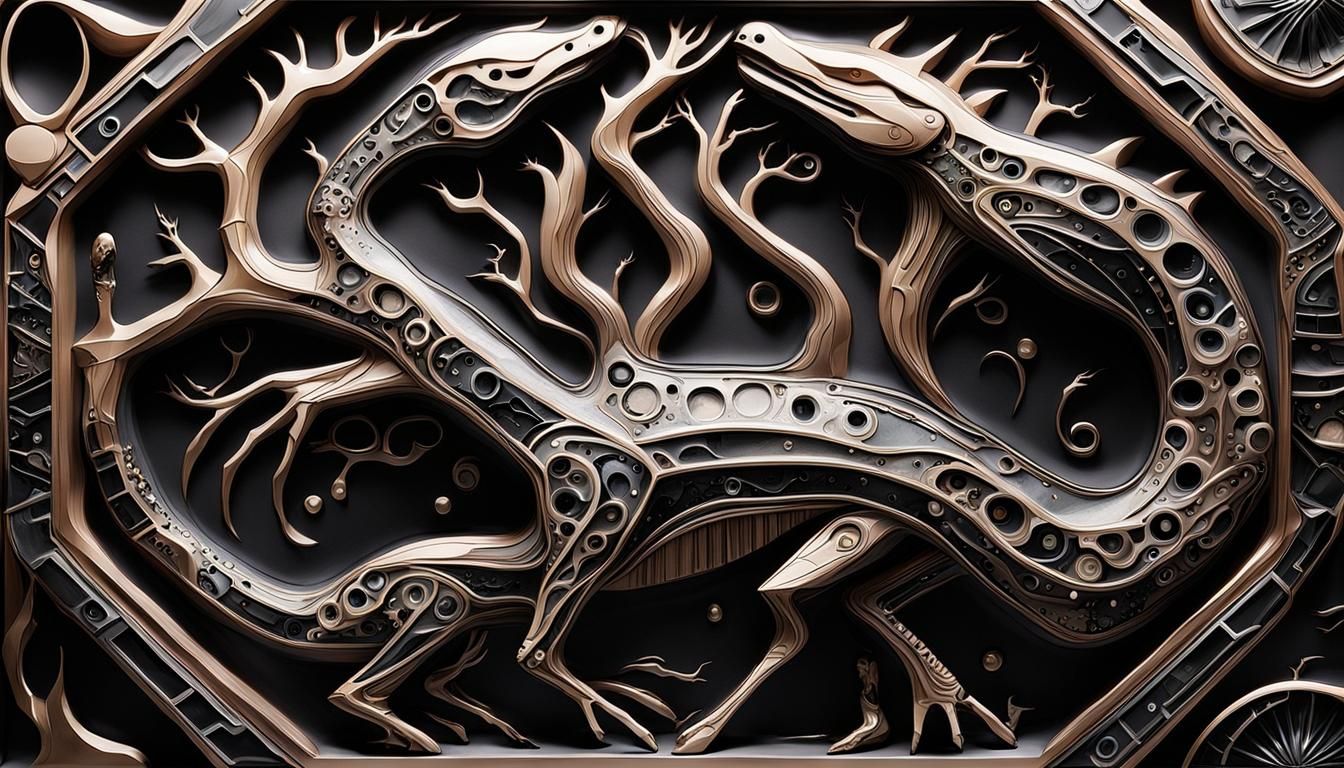 Biomechanical Beings Emerging from Onyx Bas Relief