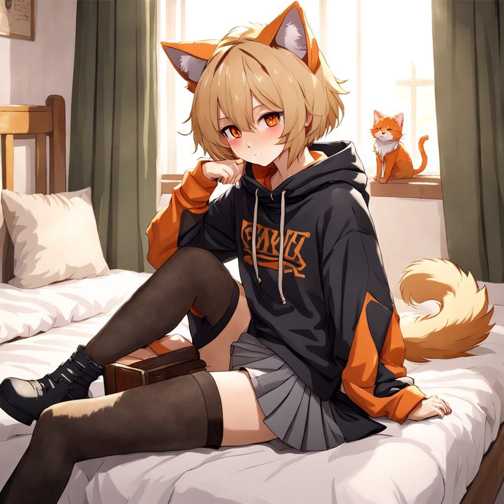 Tabaxi Catboy Lounging with Lute, Digital Art