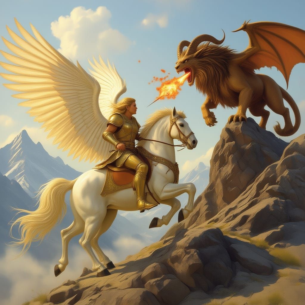 Heroic Knight Battles Fiery Chimera on Mountain Peak