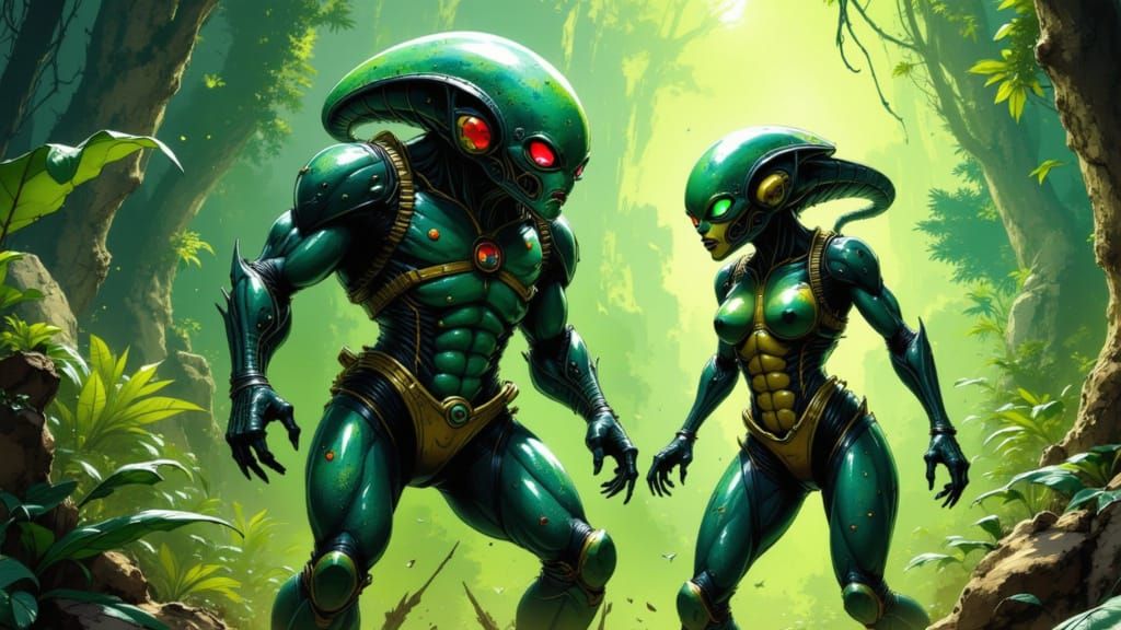 Alien Explorers in Lush Jungle