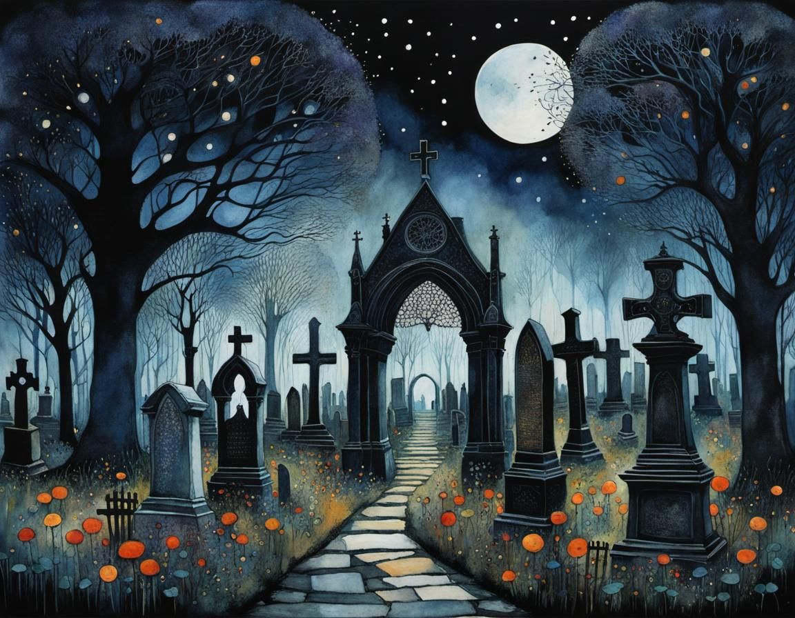 Dark Gothic Cemetery Illustration in Watercolor
