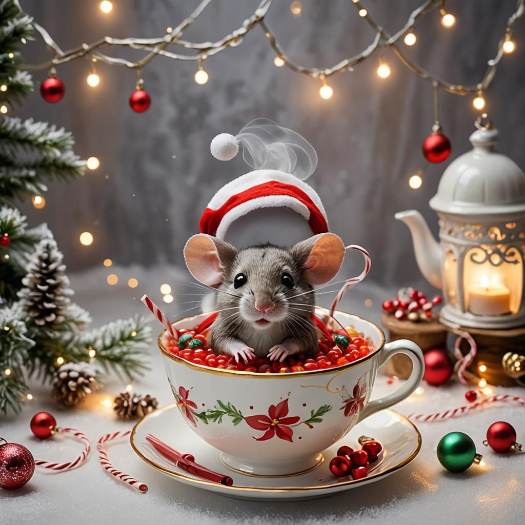Festive Mouse Swims in Teacup Christmas Scene