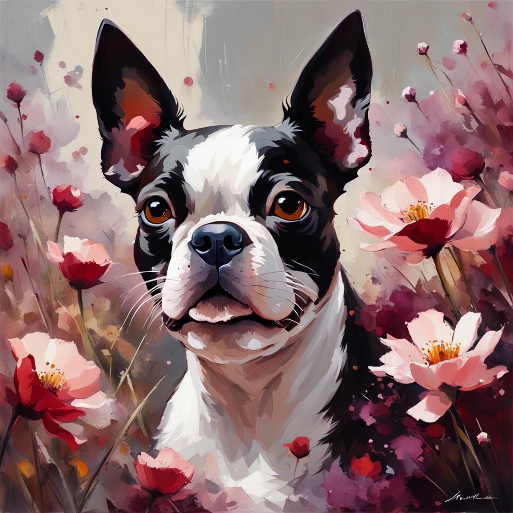 Happy Boston Terrier with Flowers, Oil Painting Style