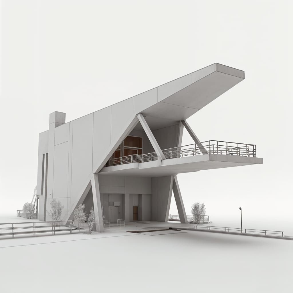 Angular Futuristic Building with Exposed Steel Supports in S...