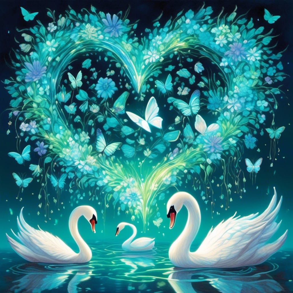 Aurora Borealis with Turquoise Butterflies and Swans