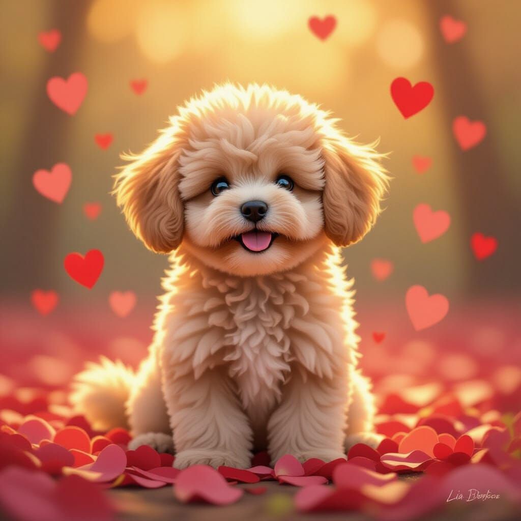 Dog in Shower of Roses, Whimsical Art Style