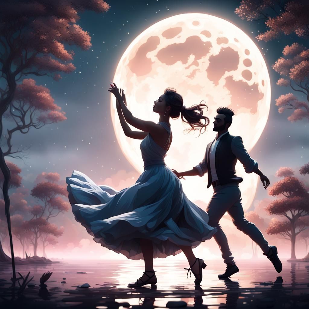 Silhouetted Dancers Under a Full Moon