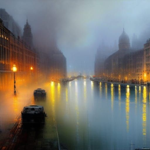 Foggy London Day on the Thames: Detailed Painting