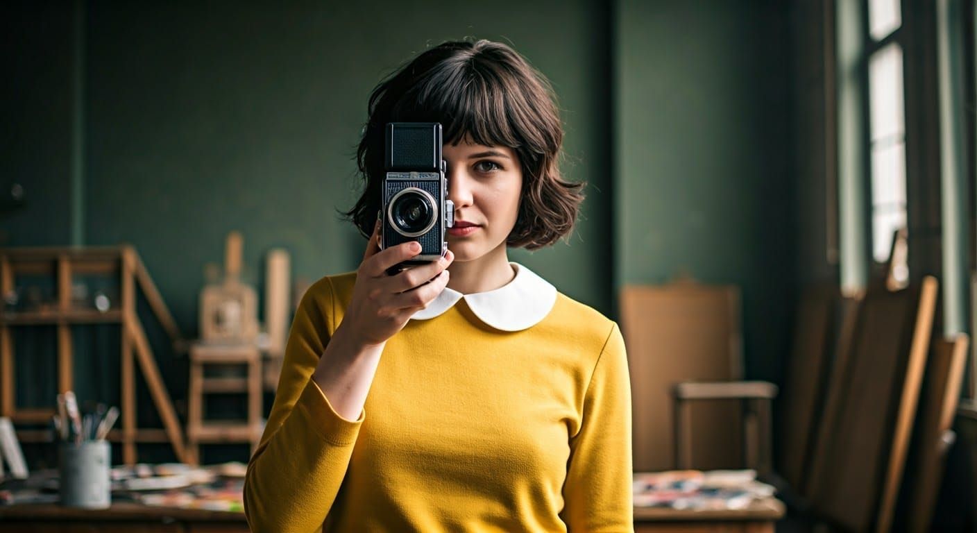Woman Filming in 1970s Studio, Cinematic Style