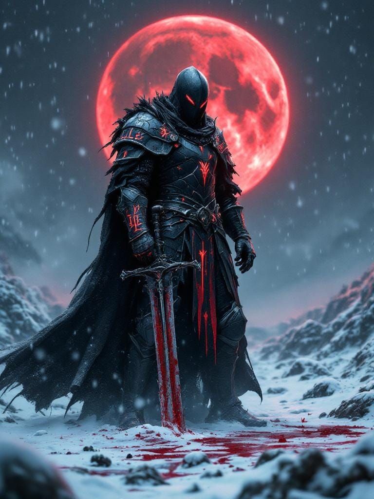 Dark Medieval Knight on Snowy Battlefield