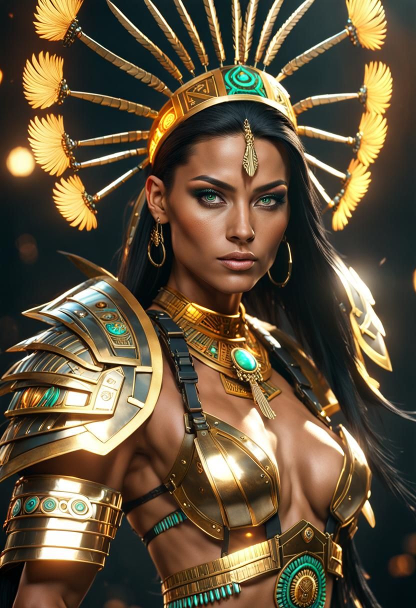 Aztec Warrior Woman with Flaming Sword in Cyberpunk Style