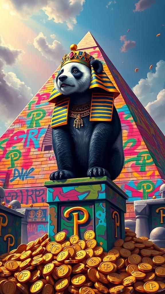 Panda Pharaoh Directs Subjects Amidst Graffiti Pyramid