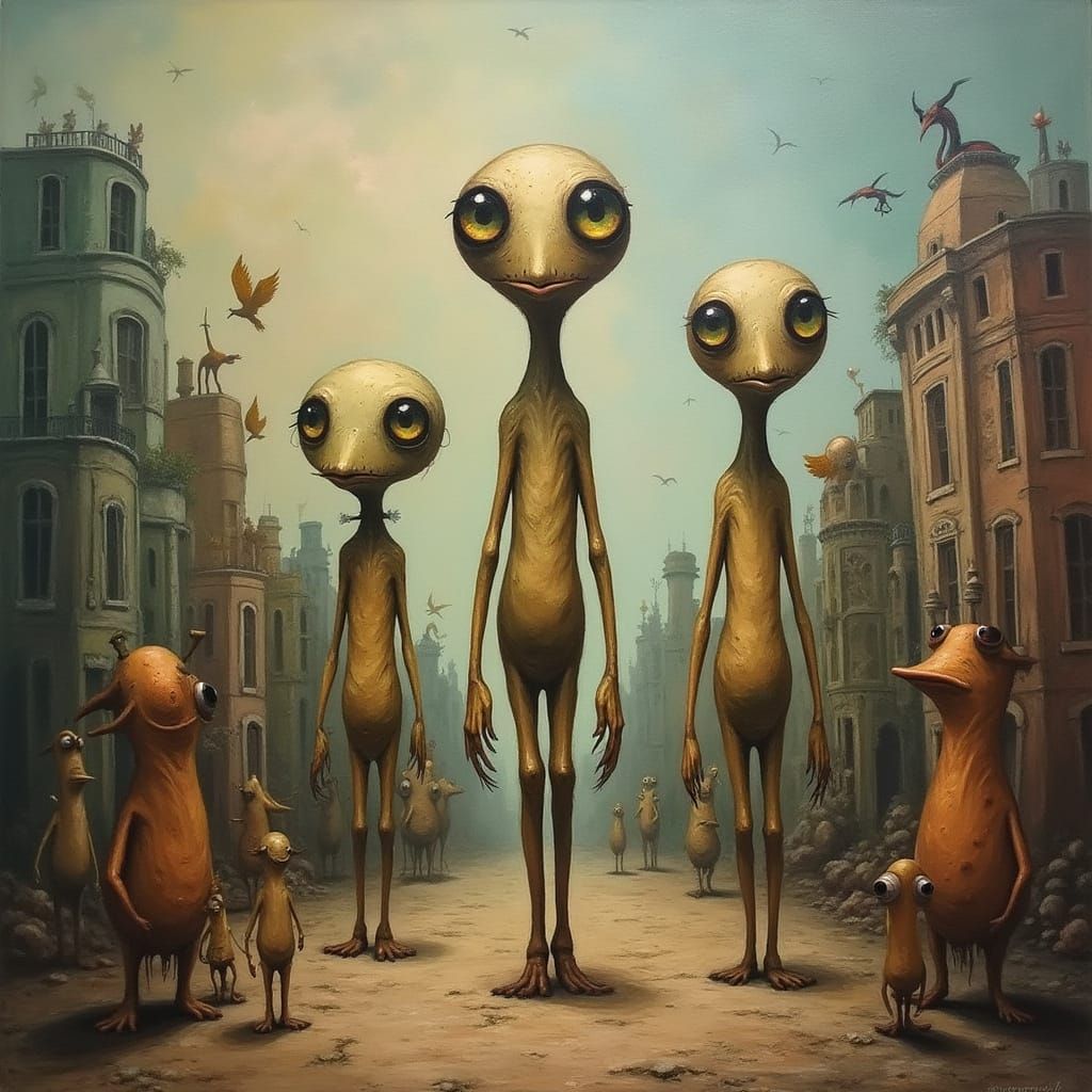 Surreal Dreamscape with Elongated Figures in Bizarre City