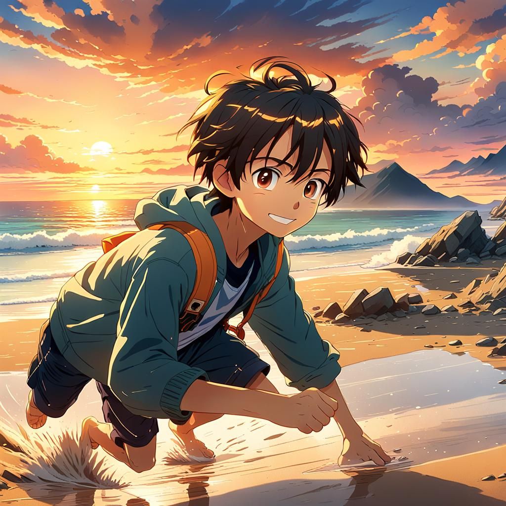 Anime Beach Run at Sunset in 4K