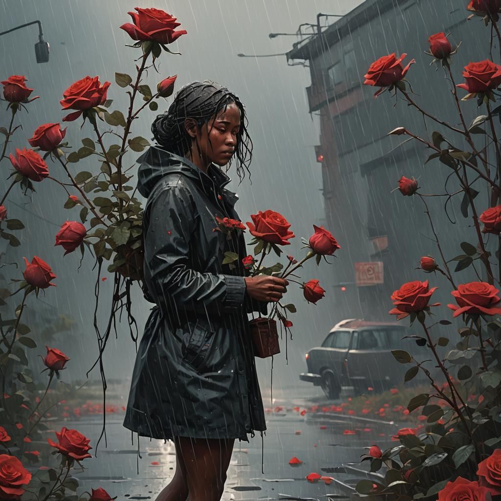 Ebony Lady in Rain of Roses: Cinematic Fantasy