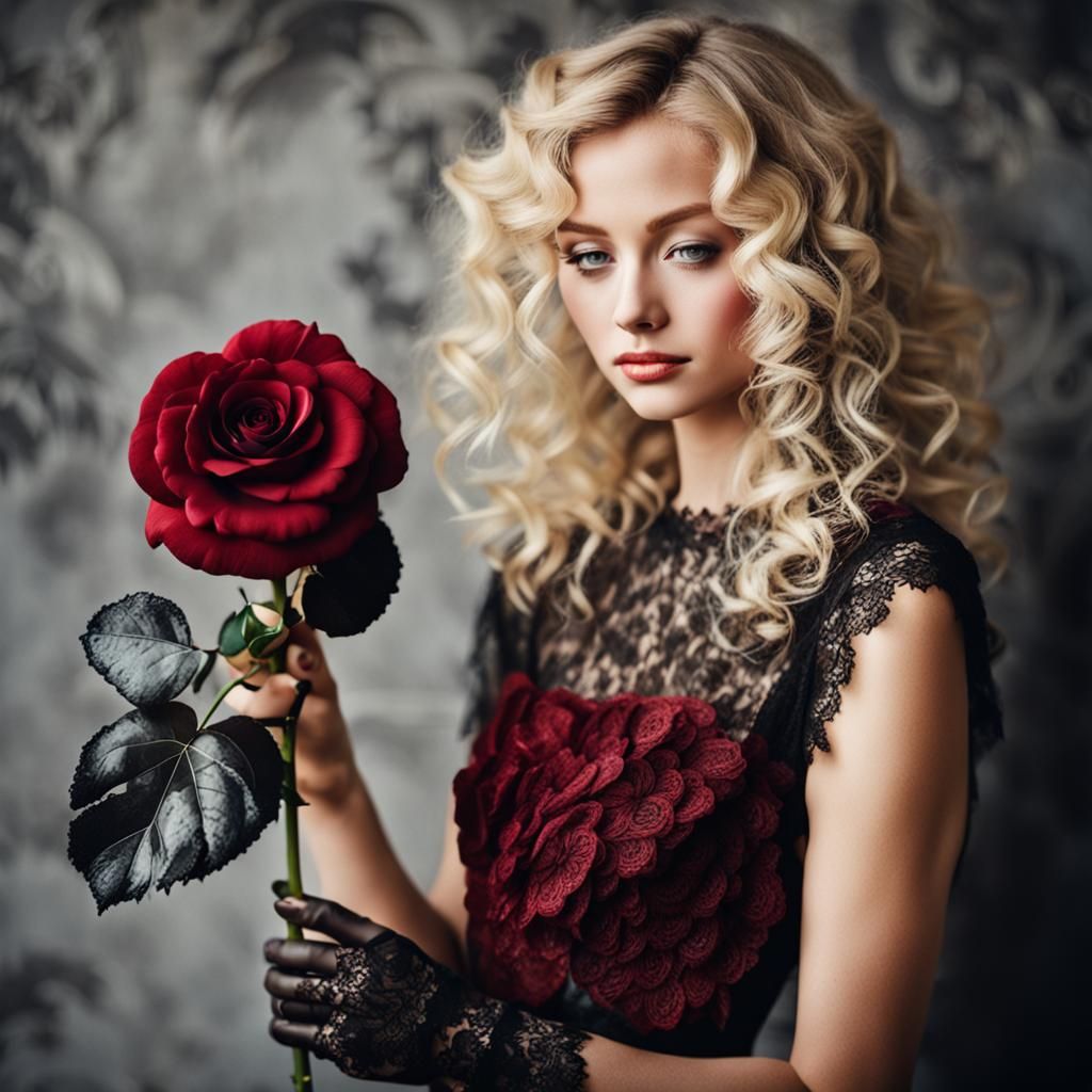 Blonde Woman with Black Rose in Lace Dress
