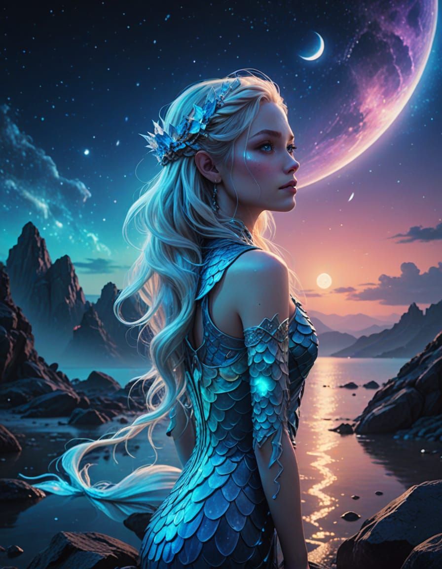 Ethereal Neko Mermaid in a Vibrant Galaxy