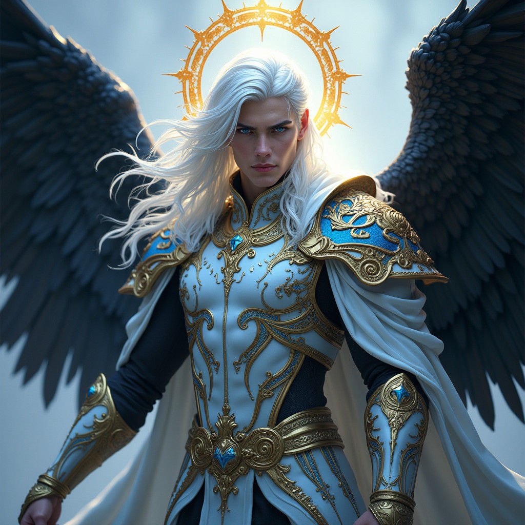 Aasimar Warrior with Black Wings in Matte Painting Style