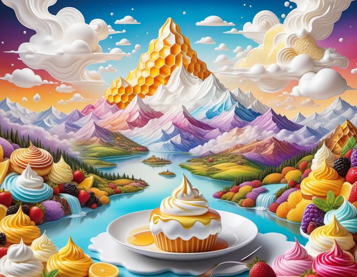 Colorful Food Land Illustration with Whipped Cream Mountains