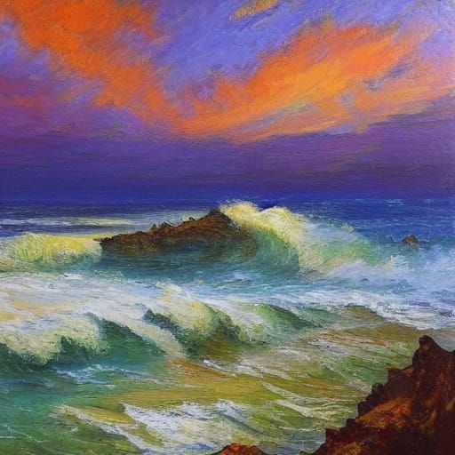 Impressionist Oil Painting of Dramatic Sunset Over Mediterra...