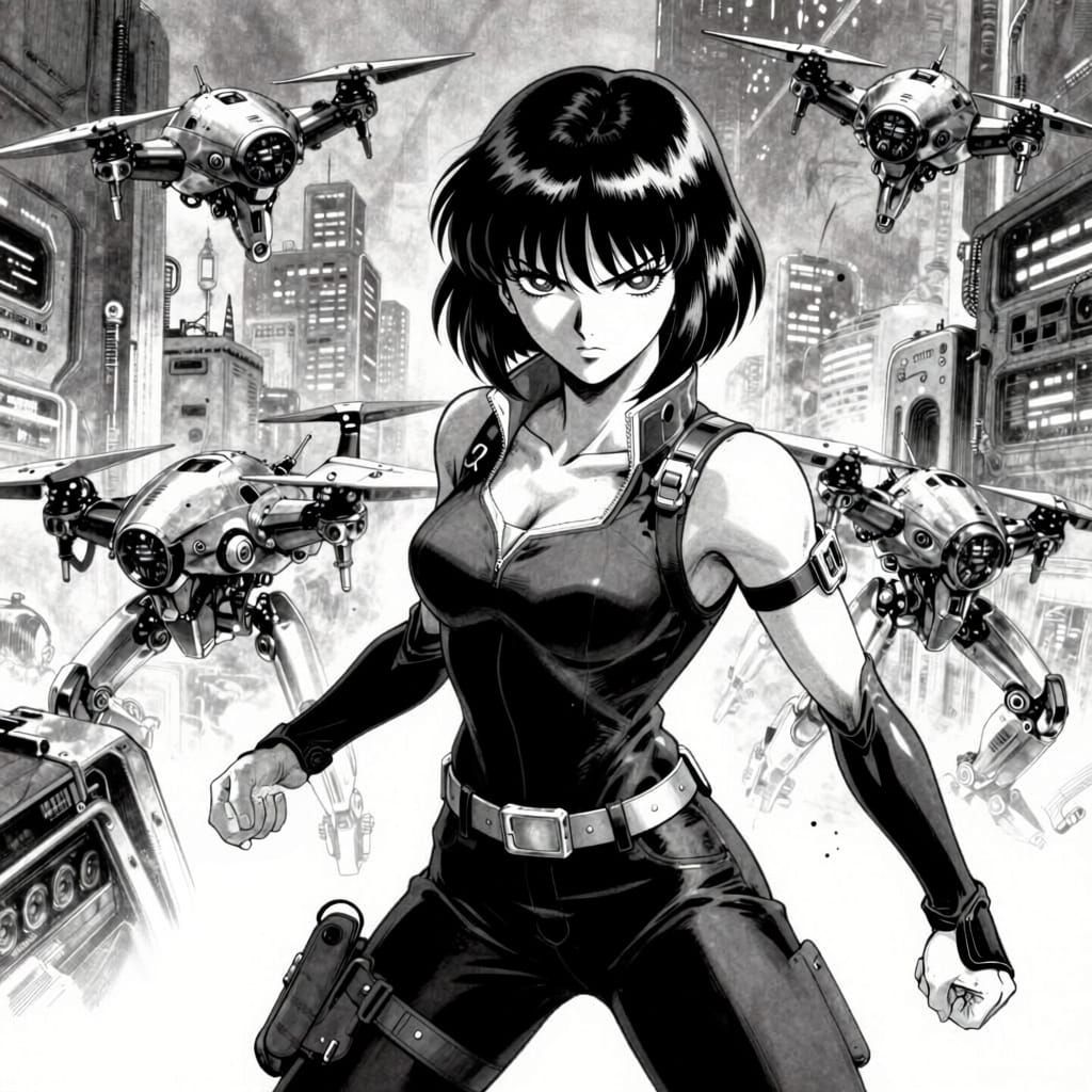 Manga Style Agent Fights Drones in Dystopian Tokyo