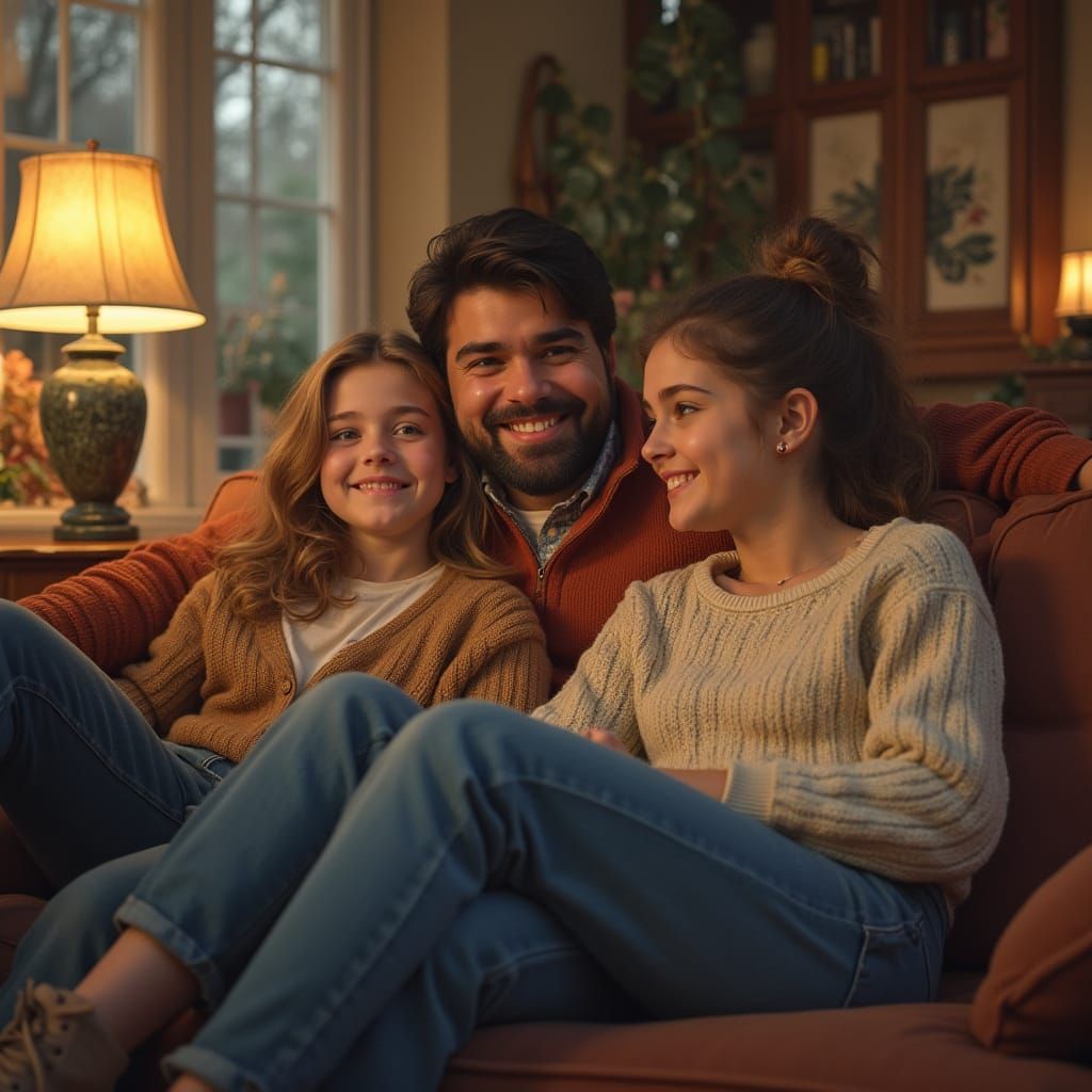 Cozy Family Moment: Father, Mother, and Teenage Daughter Sha...