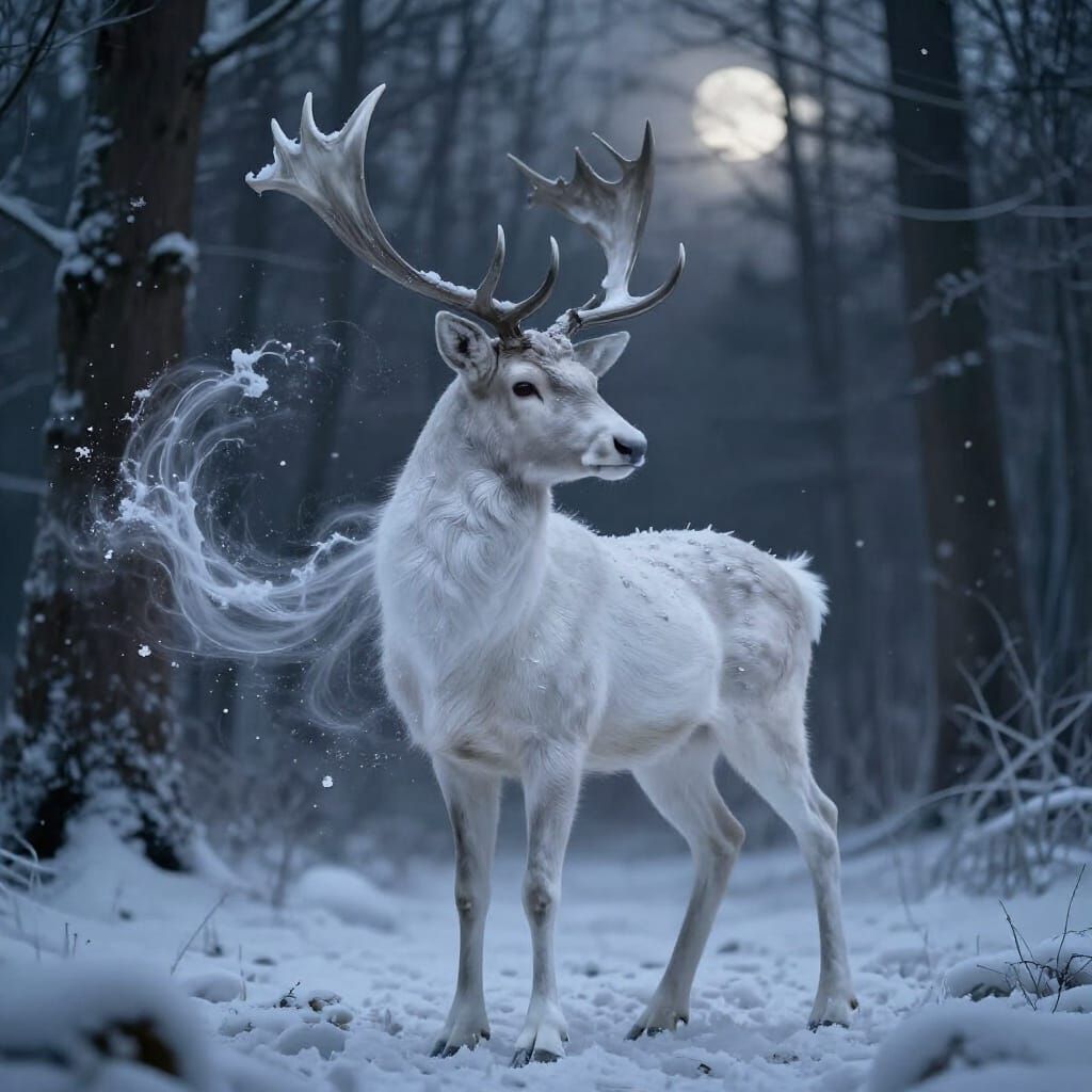 Elegant White Stag in Frozen Forest at Dusk