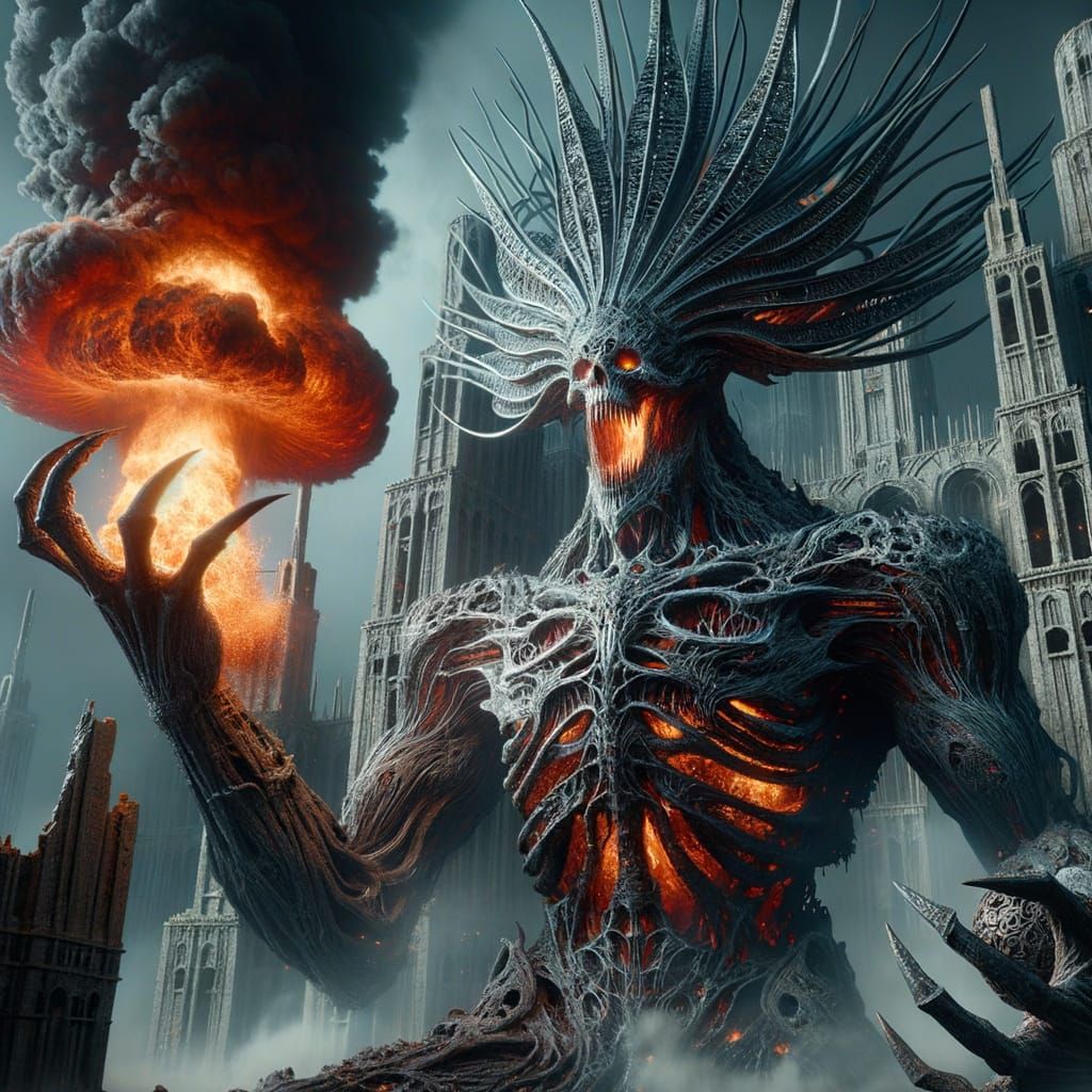 Eerie Warlord in Dark Glass Armor Towers Over Ruins