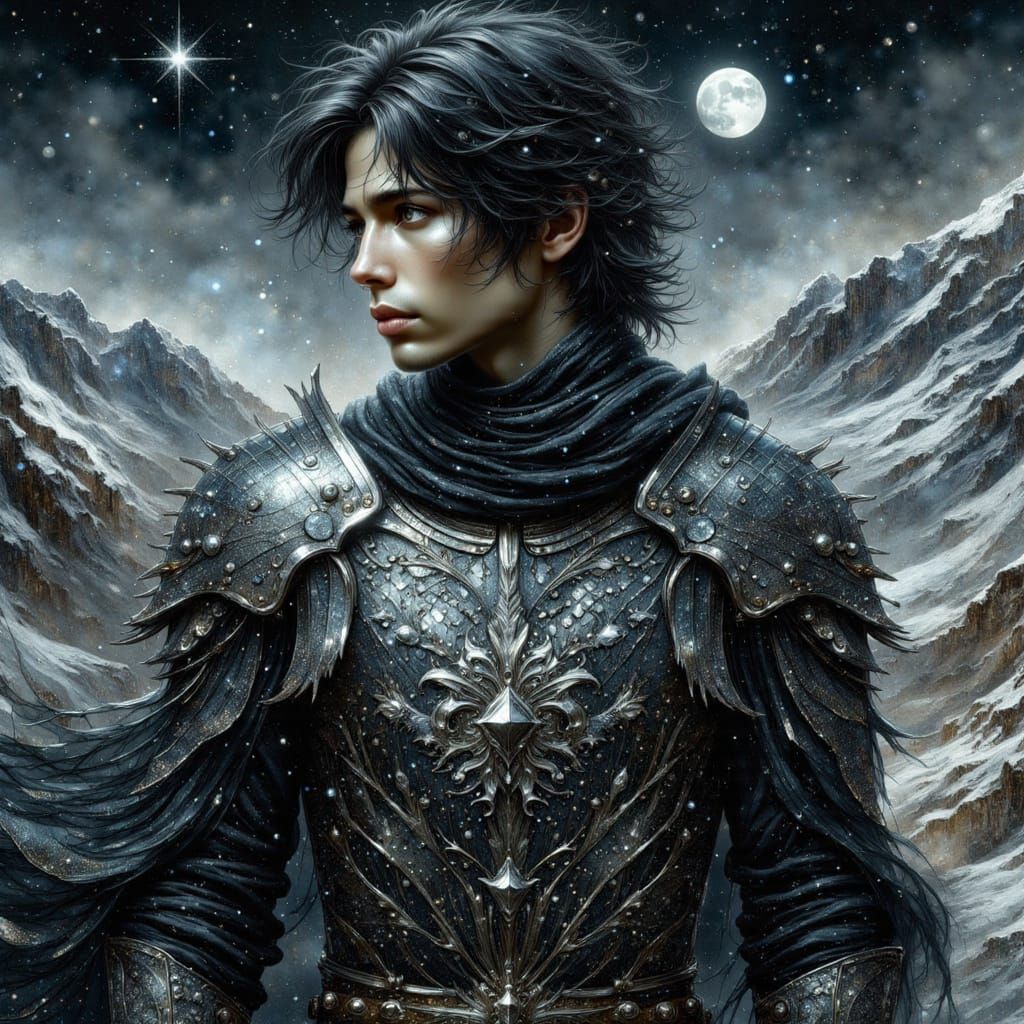 Knight in Metallic Armour Under Starry Night Sky