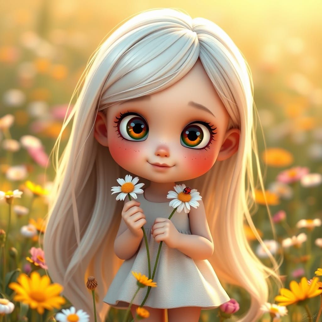 Adorable Girl in Magical Meadow, 3D Cartoon Style