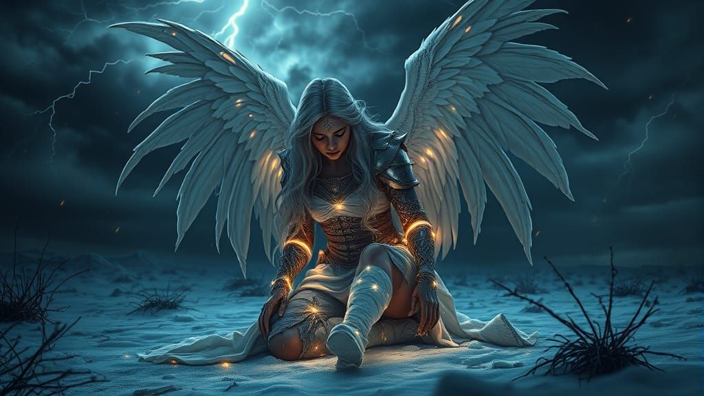 Celestial Angel Kneeling on Snowy Battlefield