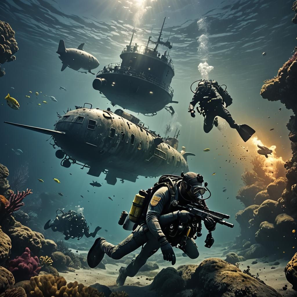 Navy Seals Scuba Diving: Detailed Matte Painting