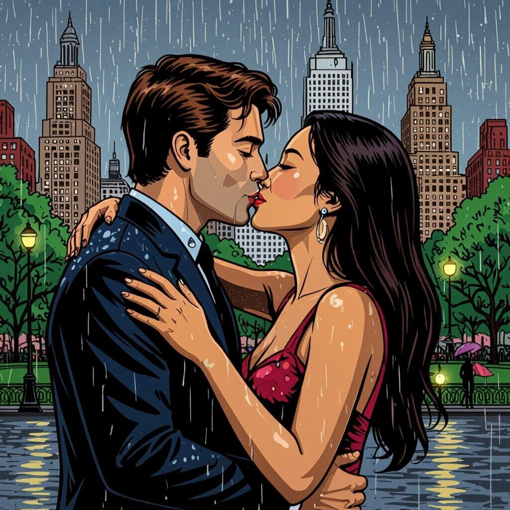 Kissing Lovers in Rainy New York Pop Art