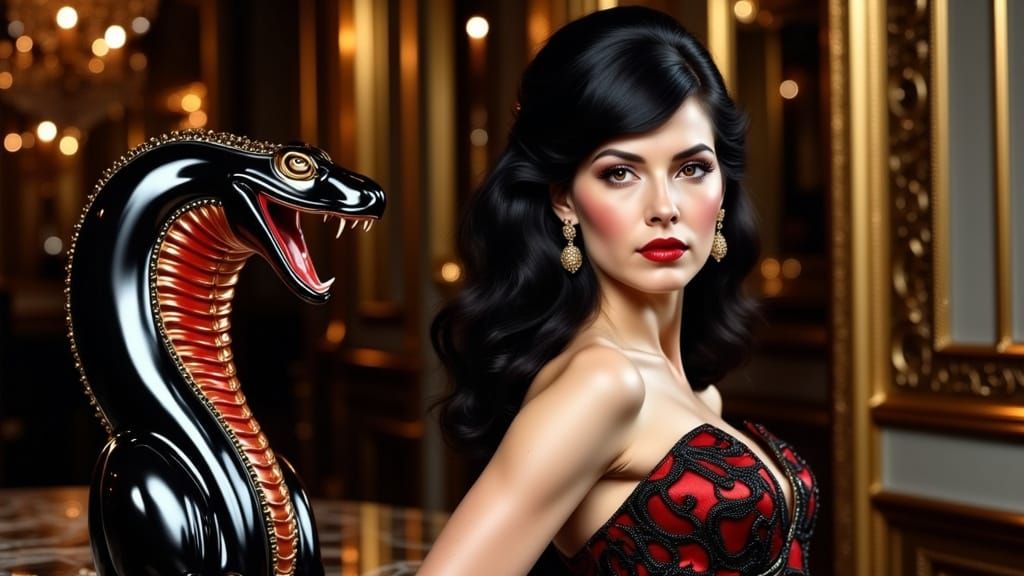 Elegant Woman in Gown Beside Cobra Statue