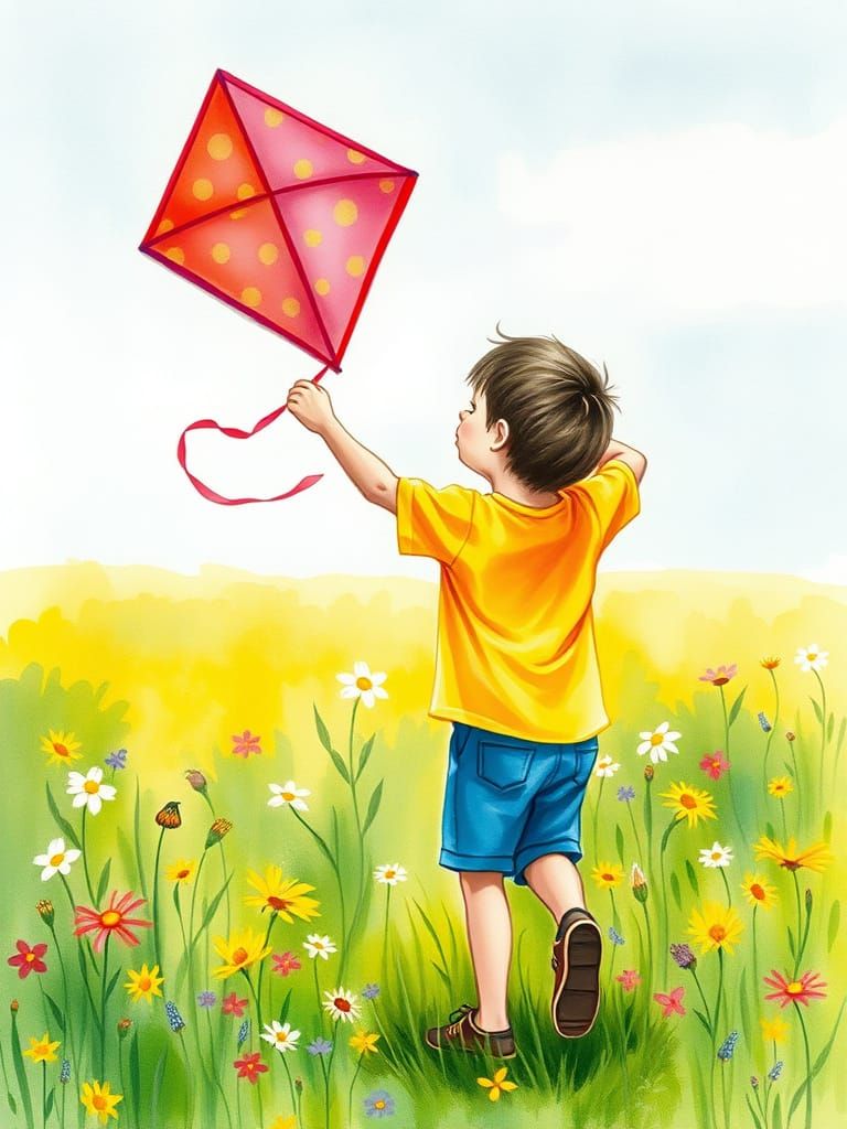 Boy Flying Kite in Watercolor Storybook Meadow