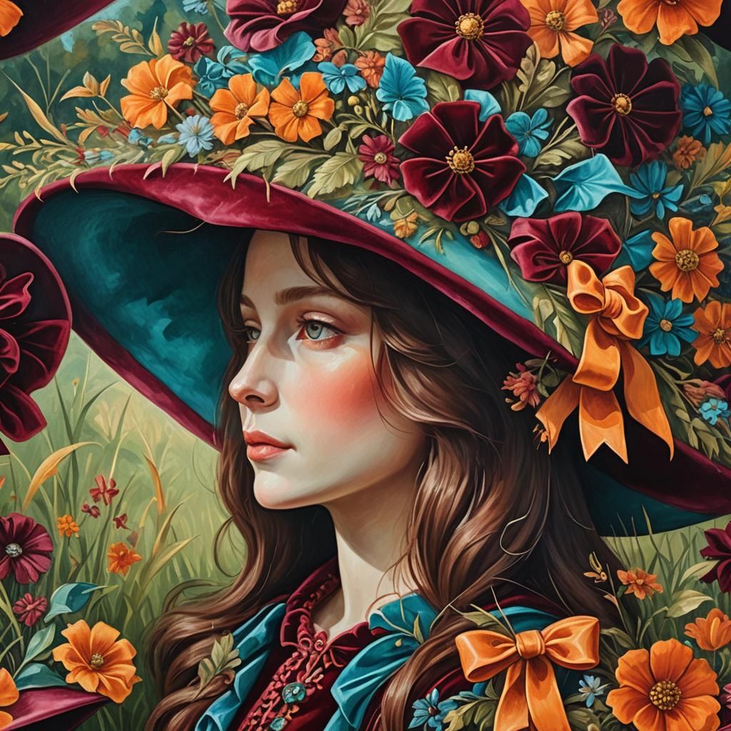 Renaissance Velvet Hat with Flowers, Oil on Canvas