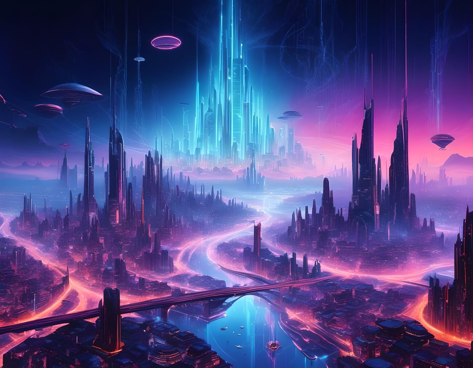 Galactic Cyberpunk Cityscape with Shooting Stars