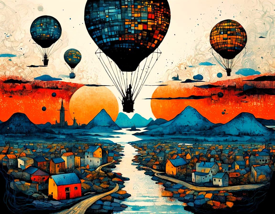 Surreal Ink Drawing of Nature and Cityscape