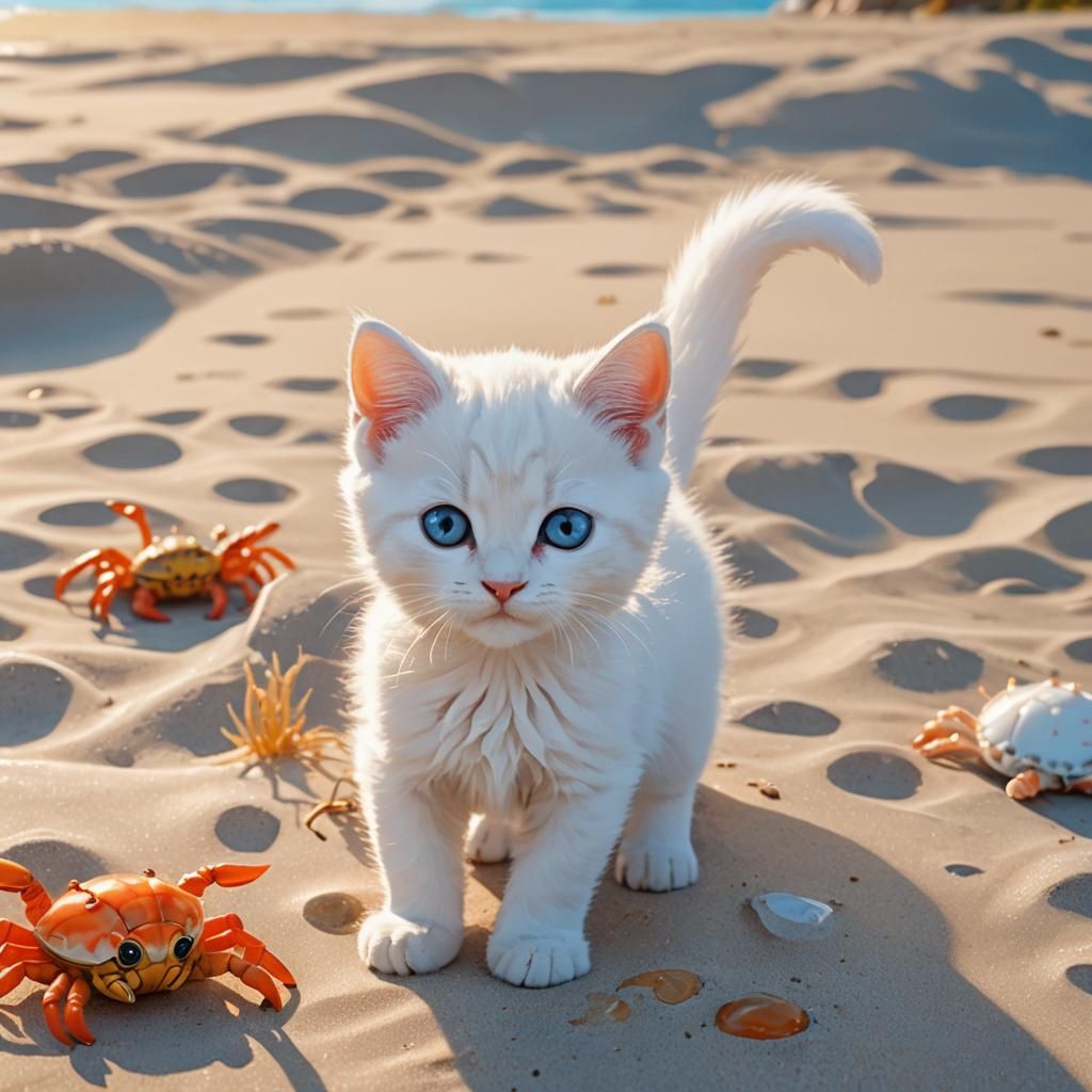 Kitten and Crab Cartoon in Vibrant Anime Style